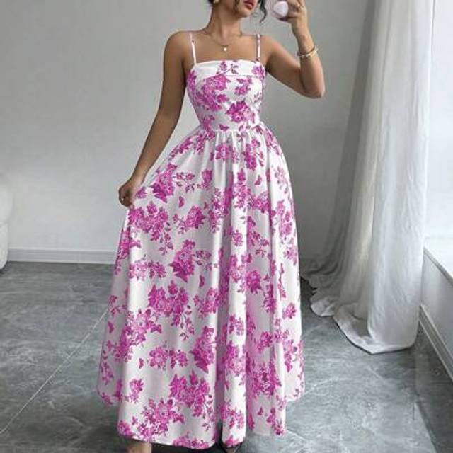 Airlisse Spring/Summer Sleeveless Tube Top Print Dress, Blue Butterfly & Flower Pattern, Suitable For Outing, Party, Graduation, Ball, Holiday