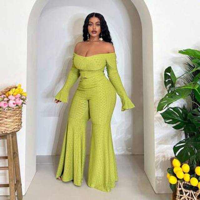 Veslaya 2pcs Plus Size Women&#39;s 2025 Spring & Summer Off Shoulder Elegant Flared Sleeve Top And Wide Leg Pants Set Women S Clothes Women Plus Clothing Formal W