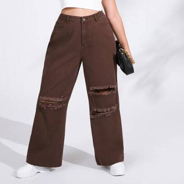 SHEIN Plus High Waist Ripped Wide Leg Jeans