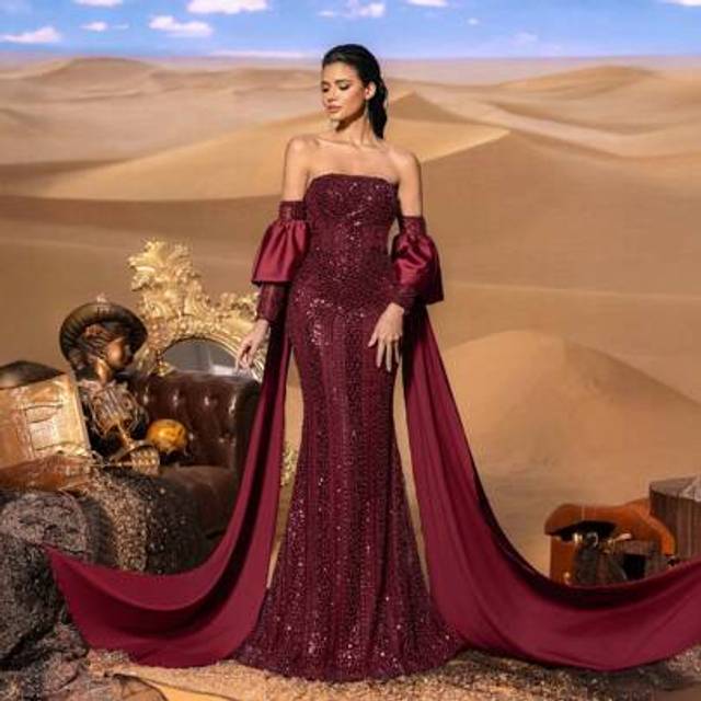 Faeriesty Haute Glamour Elegant Luxury Beaded Mermaid Gown With Off-Shoulder & Flowing Sleeves - Shimmering Luxury For Red Carpet, Gala, Wedding, Prom & Formal