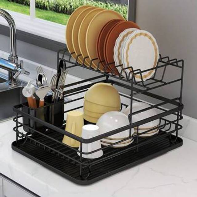 SHEIN 2 Tier Dish Drainer Rack Cutlery Holder Plate Rack Kitchen Sink With Drip Tray(Black)
