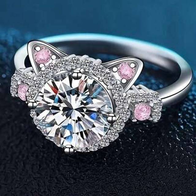 SHEIN New Korean Style Promise Ring With Charming Pink Crystal Rhinestone Cat Head Design, Alloy Fashion Accessory Suitable For Daily Wear, Parties, Gatheri