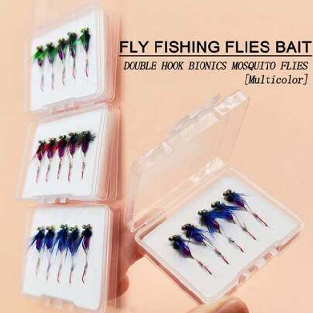 SHEIN | Double Hook Bionics Mosquito Multicolor Flies Bait-5Pcs-Box | Trout Bass Nymph Dry Flies Fishing Lures Material Artificial Feather&Rayon