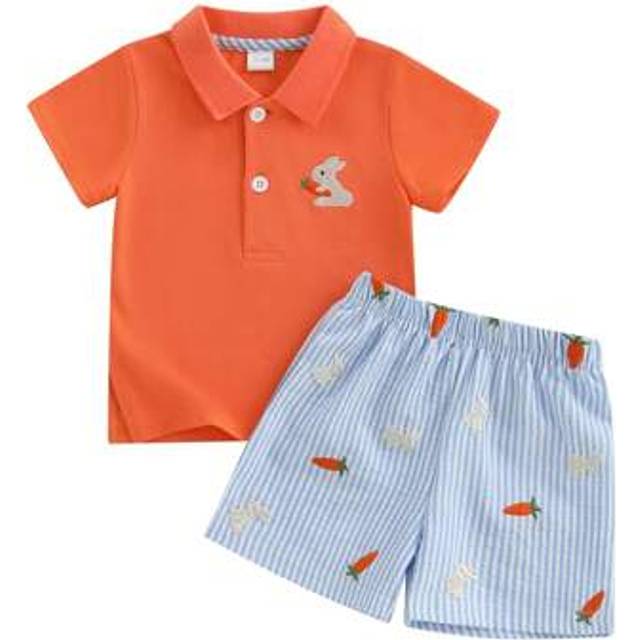 SHEIN Baby Boys Easter Outfits Bunny Embroidery Short Sleeves T-Shirt And Elastic Carrot Stripe Shorts Set For 2 Piece Clothes