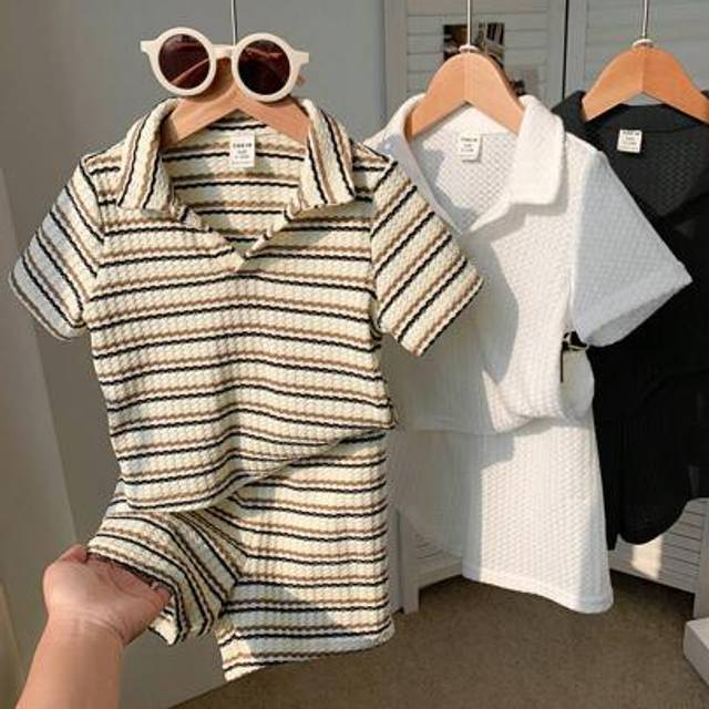 SHEIN 6pcs/Set Baby Boy Summer Casual Striped Polo Collar T-Shirt & Shorts Set, Suitable For Birthday Party, Evening Party, Performance, Wedding, Birthday,