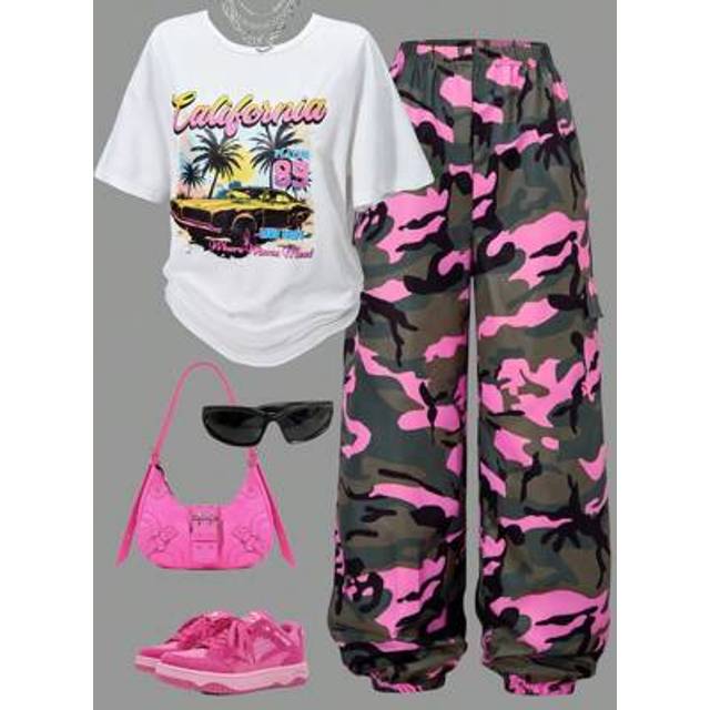 SHEIN 2pcs Teen Girl Casual Printed Holiday Beach Short Sleeve Tee & Camouflage Cargo Pants Set Teen Girl Summer Set