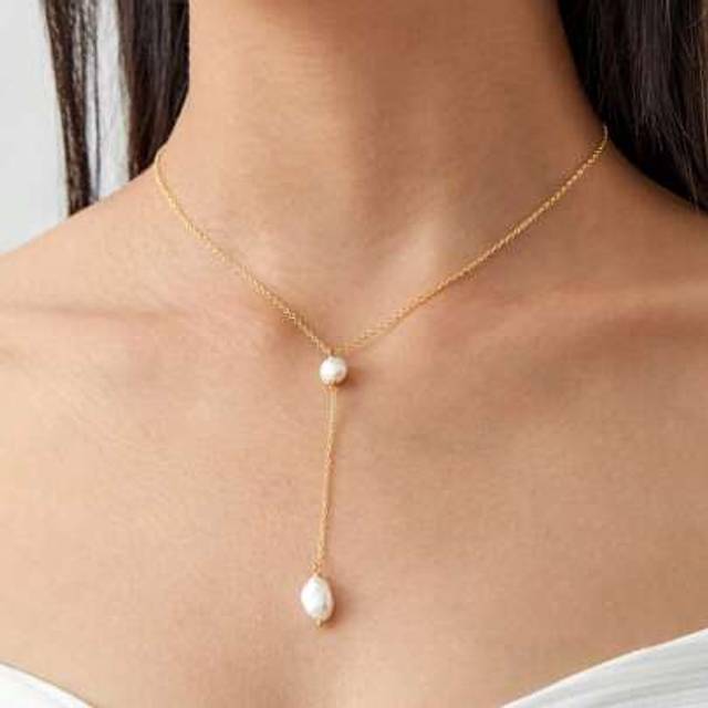 SHEIN 1pc 18K Gold Plated Natural Pearl Pendant Y-Shaped Necklace For Women, Spring/Summer