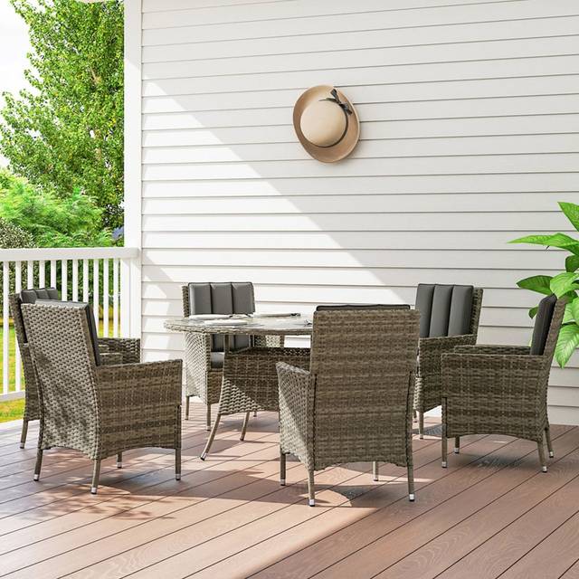 Outsunny 6 Seater Rattan Outdoor Dining Set with Cushions, Light Grey, Grey