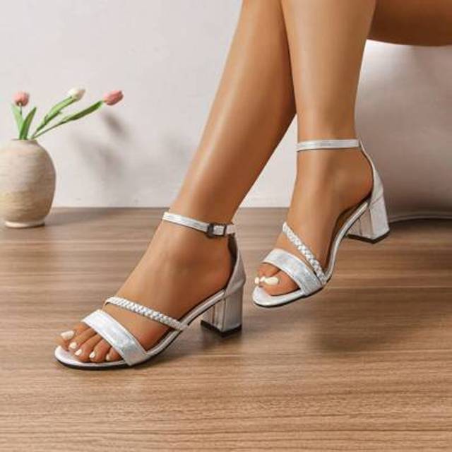 SHEIN Low Heel Open Toe Sandals Women, Chunky Heel, Round Toe, Braided Strap, Casual Sandals For Spring & Summer