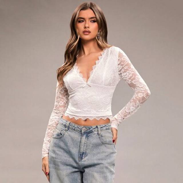 SHEIN Women V-Neck Lace Patchwork Long Sleeve T-Shirt