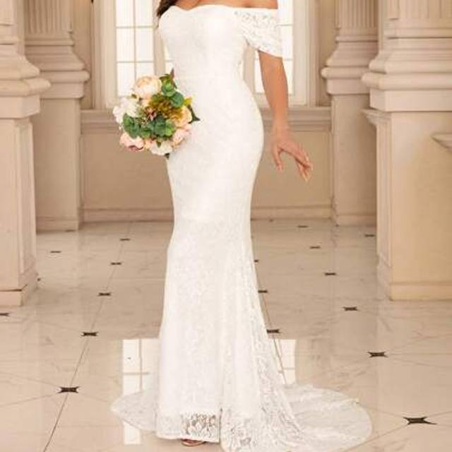 SHEIN Lace Floral Mermaid Hem Off-The-Shoulder Wedding Dress,Bride