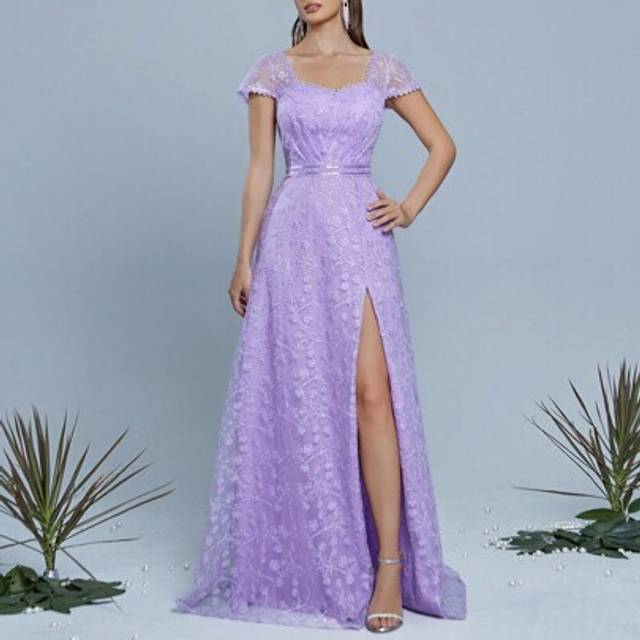 SHEIN Anpoket Sweetheart Neck Embroidered Lace Applique Flare Sleeve Front Slit High-End Evening Gown, Bridesmaid Dress