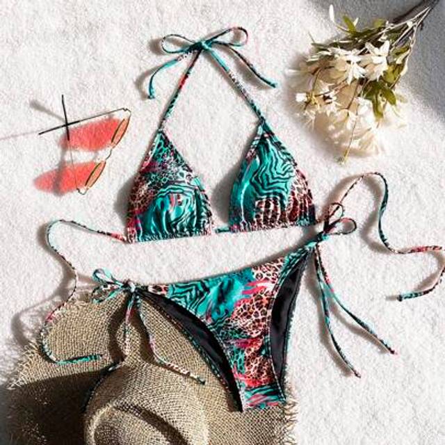 SHEIN Super Hot Selling Sexy Split Women&#39;s Swimsuit With Backless Straps, Sexy Leopard Floral Print Halter Tie-Up Bikini Set ,European And American Style Ho