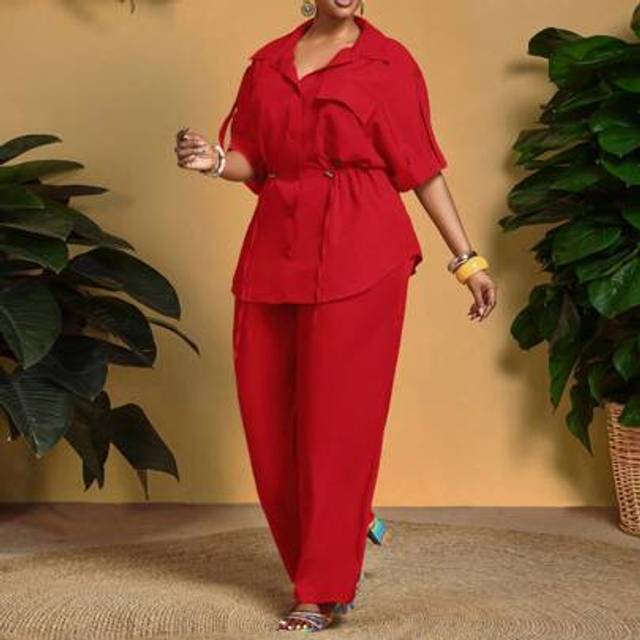 Slaydiva Plus Size Women Elegant Office & Vacation Chest Pocket Draw-Cord Waist Shirt & Pants Two Pieces Set