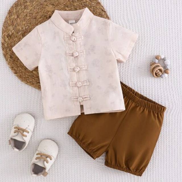SHEIN 2pcs Baby Boy Chinese Style Single-Breasted Top And Shorts Set, Summer, Chinese Costume,Chinese Hanfu Outfit, Kid Clothes,Toddler Clothes, Baby Outfit