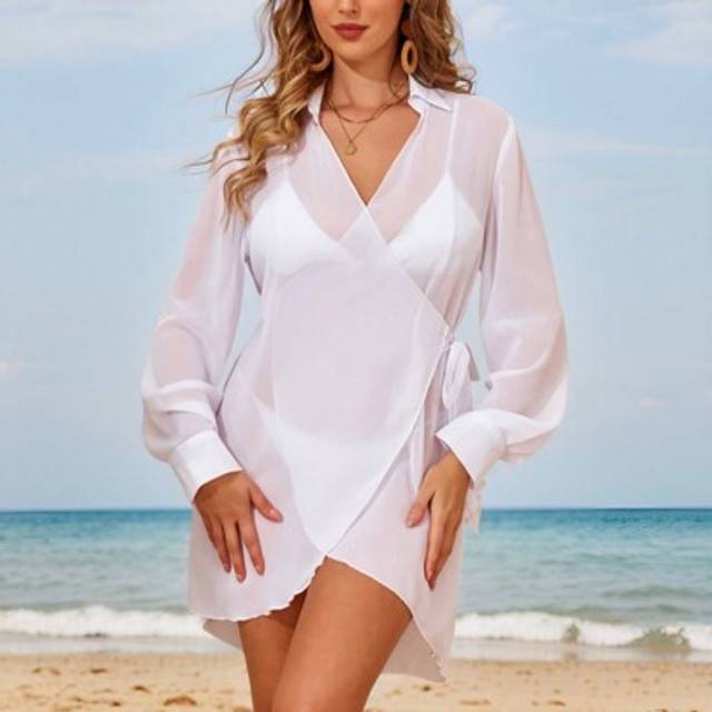 SHEIN Women&#39;s Spring Break Criss-Cross Tie-Waist Long Sleeve Beach Dress/Kimono Cover-Up