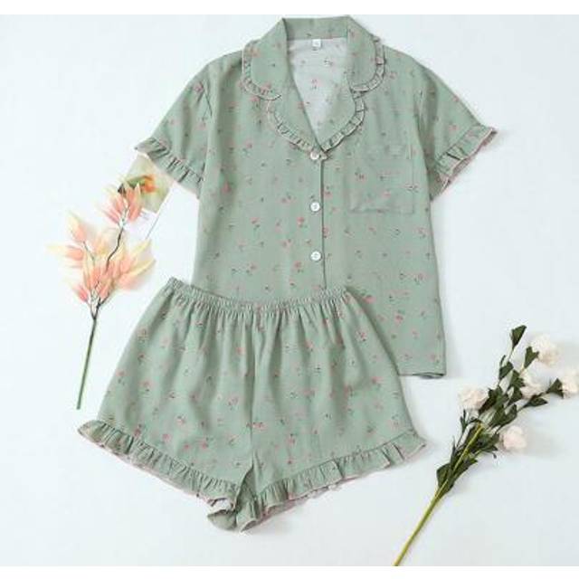 SHEIN 2pcs Women Floral Lace Trim Collared Short Sleeve Pocket Top And Shorts Pajama Set, Comfortable Home Wear For Spring/Summer