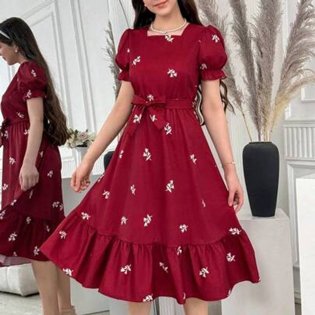 SHEIN Teenagers&#39; Vacation Beachwear Pastoral Tropical Leaf & Ditsy Ditsy Floral Off-Shoulder Puff Sleeve Belted Waist Dress, Summer