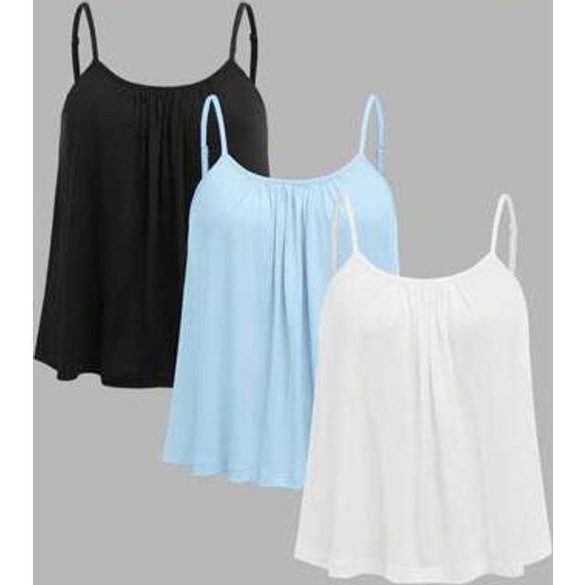 SHEIN 3pcs/Set Plus Size Women Pleated Loose Camisole Adjustable Strap Camisole Tops, Suitable For Spring/Summer, Colors: Black, White, Light Blue