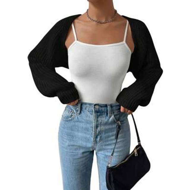 SHEIN Women&#39;s Open Front Cropped Cardigan Long Sleeve Solid Color Ribbed Knit Shrug Sweater Bolero Tops