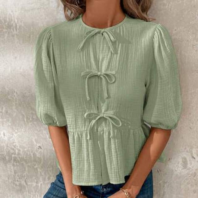 SHEIN Women&#39;s Summer Puff Sleeve Ruffle Hem Cute Peter Pan Collar Tie Front Blouse