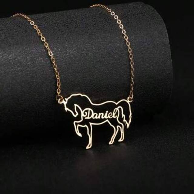SHEIN Elegant Statement Gold Horse Pendant Necklace With Engraved &#34;Daniel&#34; - Adjustable Stainless Steel Chain, Suitable For Casual Wear And Gift Giving, Hor