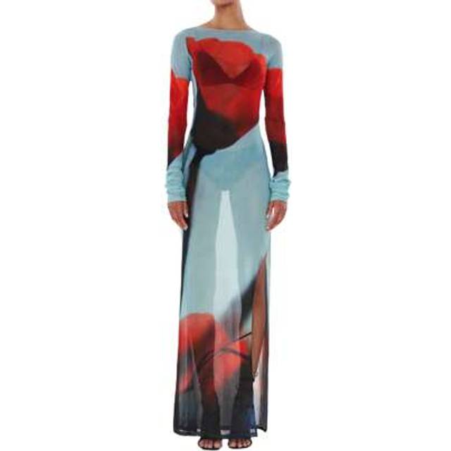 SHEIN Womens Boydcon Long Dress Sheer Mesh Long Sleeve Boat Neck Floral Print Midi Dress Side Split Dress