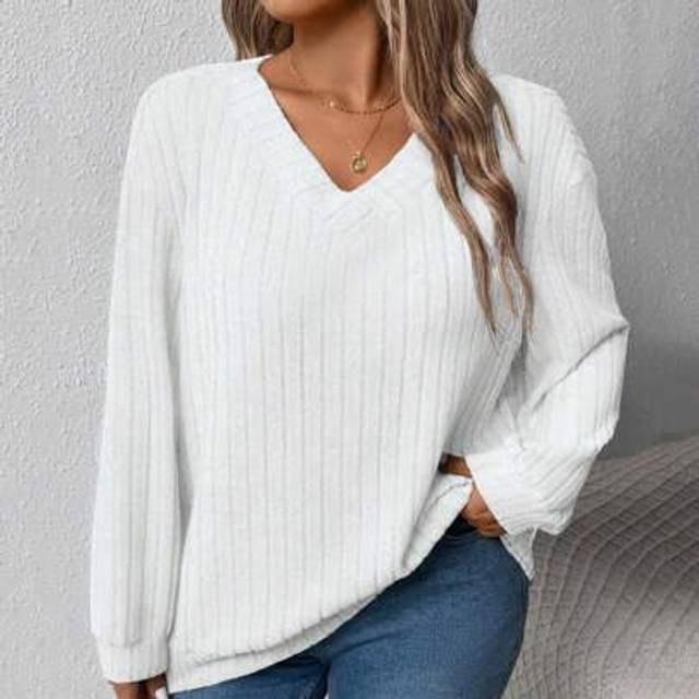SHEIN Plus Size Women Loose Casual V-Neck Wide Rib Knit Pullover Sweatshirt, Suitable For Autumn/Winter Graduation,Back To School Outfits,Graduation,Teacher