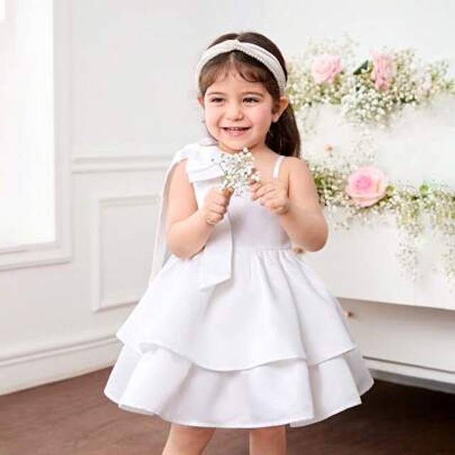 SHEIN Elegant Babygirl Satin Bow Slip Dress, White Formal Dress