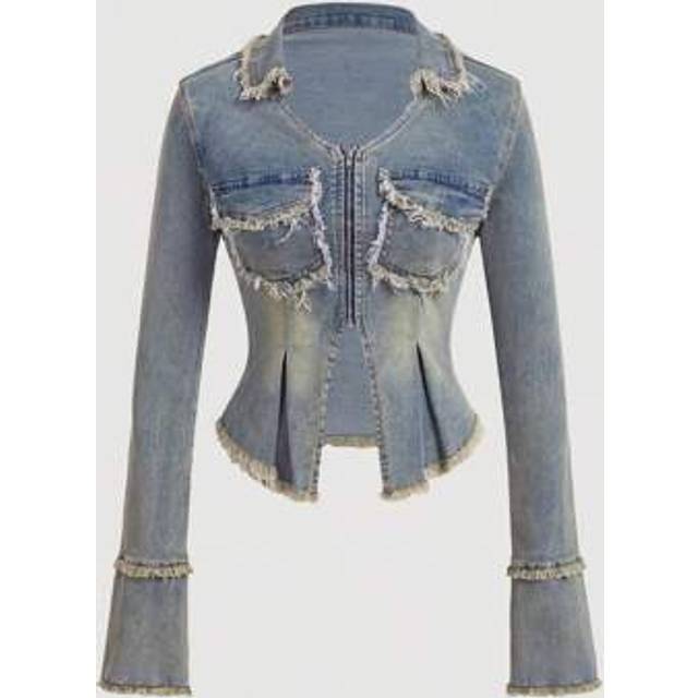 SHEIN Women&#39;s Casual Frayed Denim Jacket, Spring Autumn
