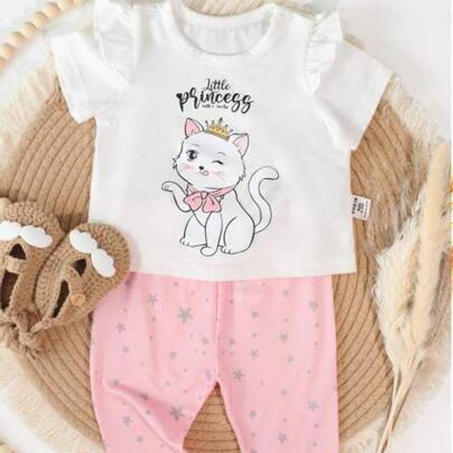SHEIN Newborn Baby Girl Cute Cartoon Print Short Sleeve Top And Shorts Set, Summer