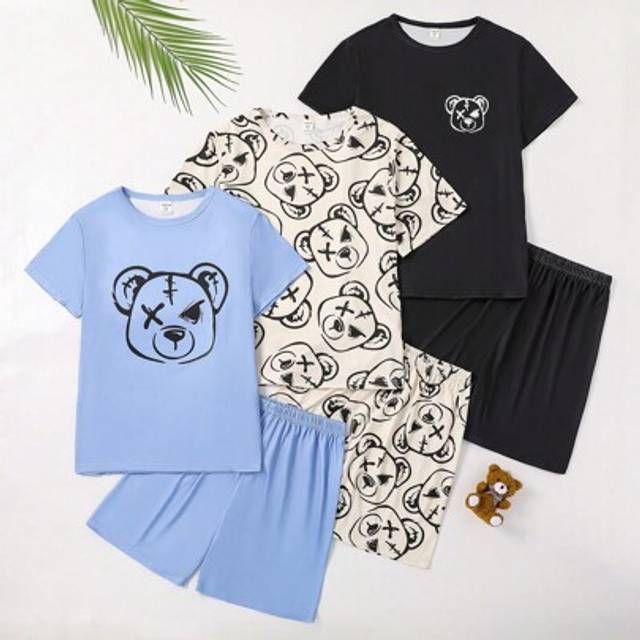 SHEIN 3pcs/Set Boys&#39; Cartoon Bear Design Comfortable Round Neck Short Sleeve T-Shirt And Shorts Homewear Outfit, Suitable For Older Kids