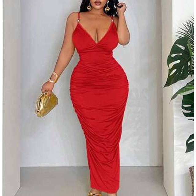 Slaydiva Plus Size Women Yellow Spaghetti Strap Ruched Colorful Beads Contrast Color Accent Bodycon Dress, Vacation & Sexy & Elegant & Solid Color,Sun Dresses
