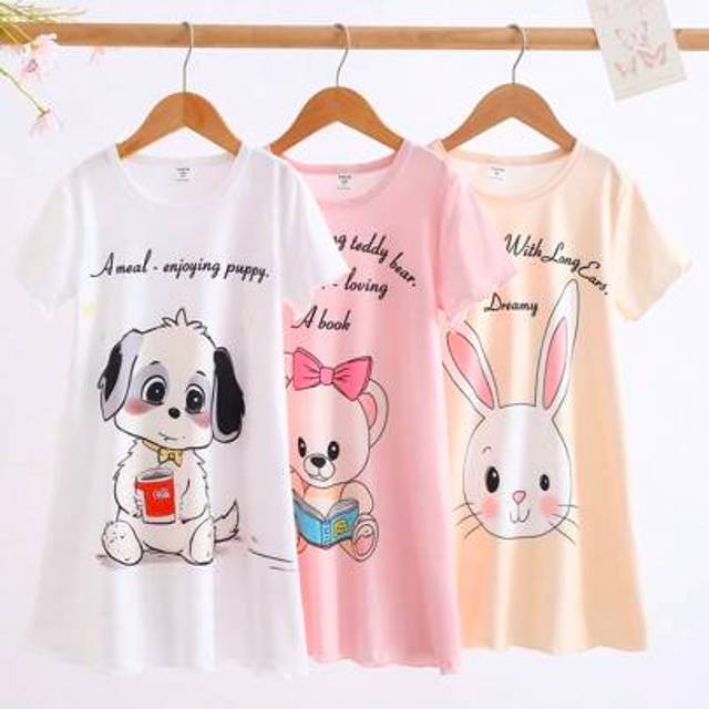SHEIN 3-Pc Young Girl Cute Cartoon Animal Print Short Sleeve Mid-Thigh Night Dress Pajama Set, Spring/Summer Young Girls Clothing 8 Years Young Girls Clothi