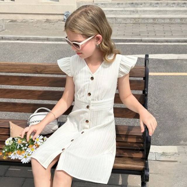 SHEIN Tween Girls Casual Holiday Woven Texture V-Neck Button Down Front Ruffle Waist Dress, Suitable For Spring Summer Casual Outing, Spring Trip And Vacati