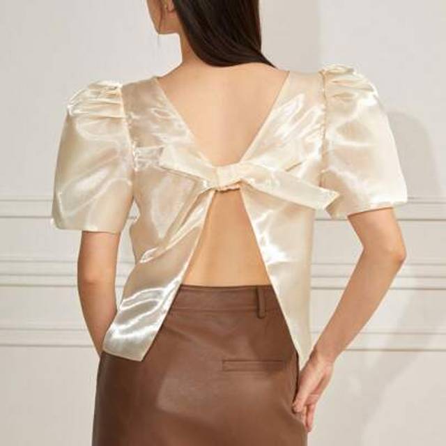 SHEIN Women&#39;s Casual Backless Bowknot Semi-Sheer Organza Puff Sleeve Blouse