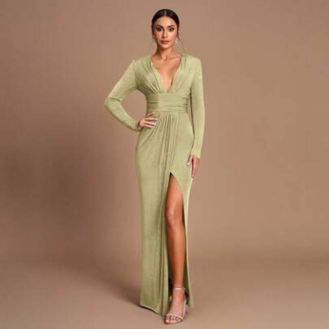 SHEIN Elegant & Romantic Coffee Color Ruched Waist Slit Straight Hem Long Sleeve Knit Bridesmaid Dress