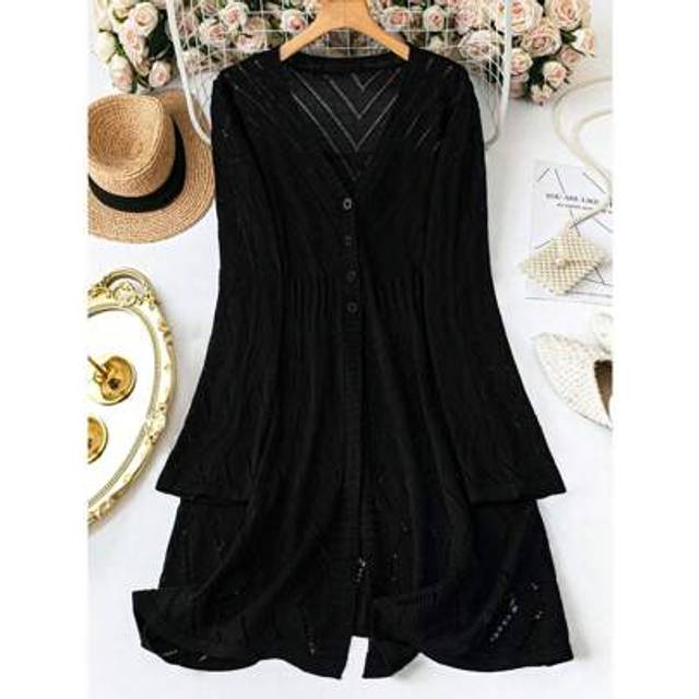 SHEIN Plus Size Hollow Out Button Down Thin Cardigan, Suitable For Going Out, Vacation
