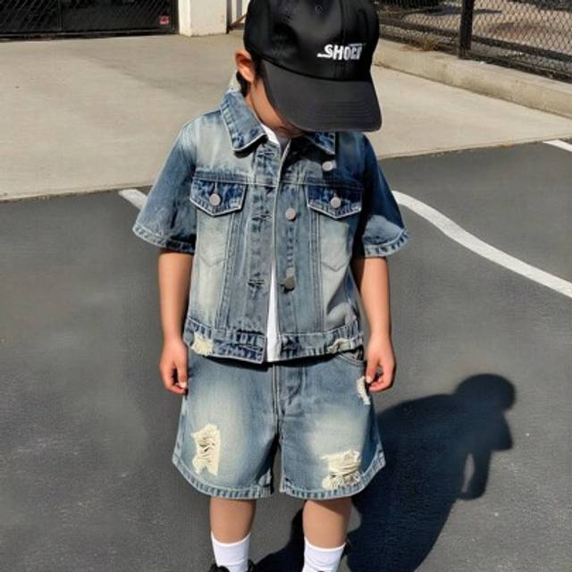 SHEIN 2pcs/Set Young Boy Streetwear Outdoor Casual Distressed Denim Shorts And Short Sleeve T-Shirt Set