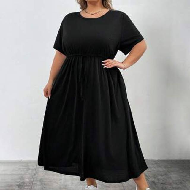 SHEIN Plus Size Women Summer Casual Black Belted Waist Loose Dress With Pockets, Long Sleeve