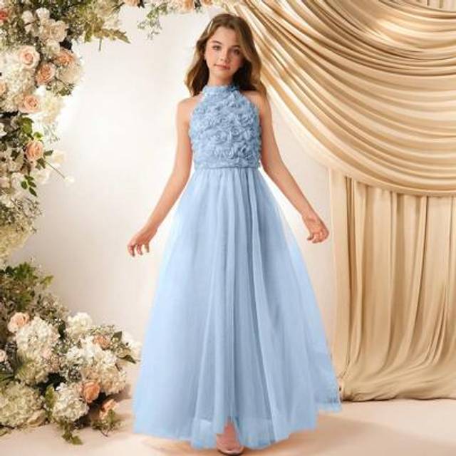 SHEIN Flower Girl Teens Floral 3D Applique A-Line Mesh Midi Party Dress,Suitable For Wedding, Birthday, Performance