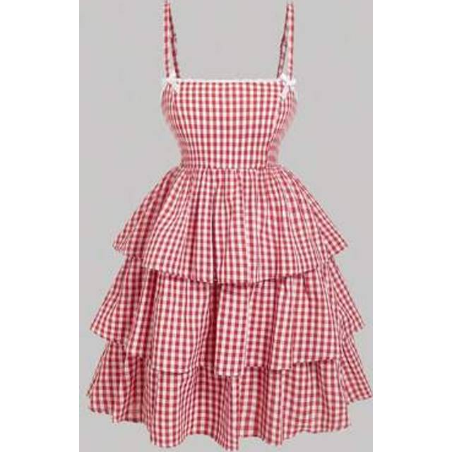 SHEIN Plus Size Spring & Summer Plaid Romantic Cake Ruffle Midi Dress Mother Day Dress 4th Of July Outfits Dresses Graduation Sundress Babydoll Dress  Grad