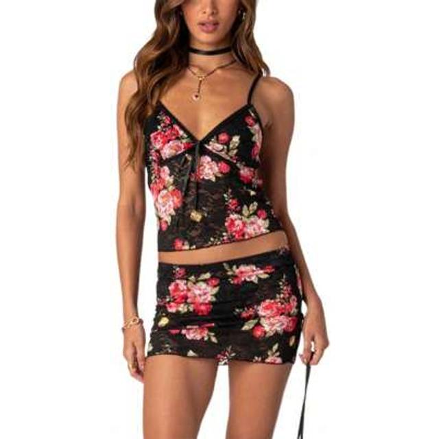 SHEIN Women Floral Lace Outfit V Neck Spaghetti Strap Crop Tops Mini Skirt 2 Piece Set For Party Club