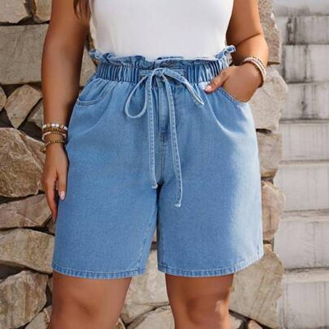 EMERY ROSE Plus Size Summer Casual Vacation Ruffle Elastic Drawstring Vintage Washed Denim Shorts
