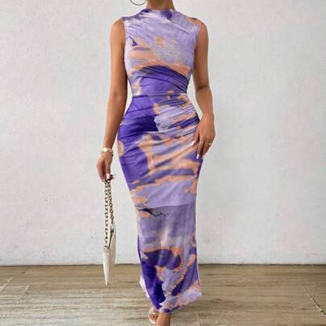 Calvaya Women&#39;s Summer Tie Dye Print Stand Collar Pleated Slim Long Elegant Dress Maxi Women Outfit