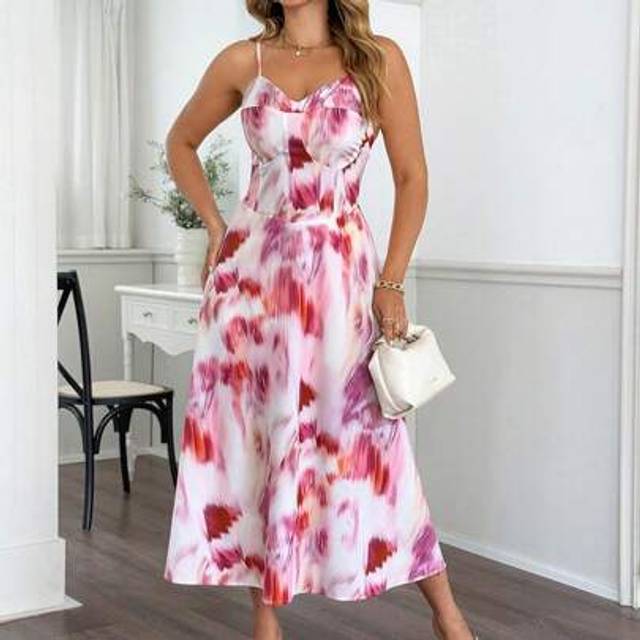 Franclia Plus Size Women French Elegant Romantic Tie Dye Print Maxi Slip Dress