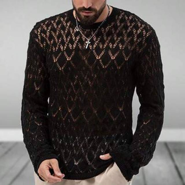SHEIN Men&#39;s Black Hollow Out Knitted Sweater Long Sleeve â Lace Pattern Crew Neck Design â Soft Breathable Fabric Fashion Casual Top â For Daily Stree