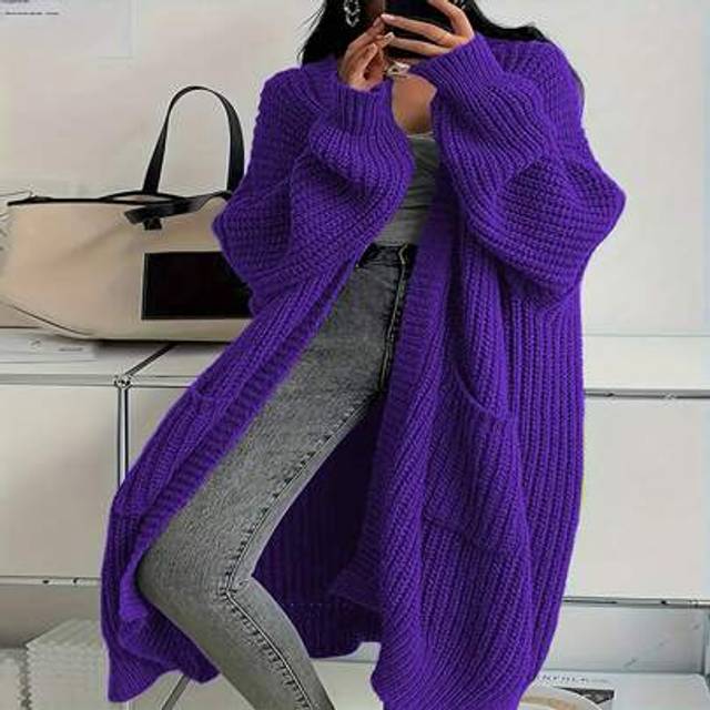 SHEIN Plus Size Women V-Neck Pocket Ribbed Knit Cardigan Sweater, Long Sleeve Long Length
