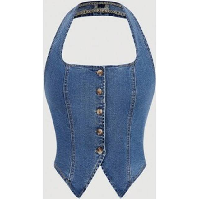 SHEIN Women&#39;s Casual Washed Button-Up Front Halter Neck Denim Blouse