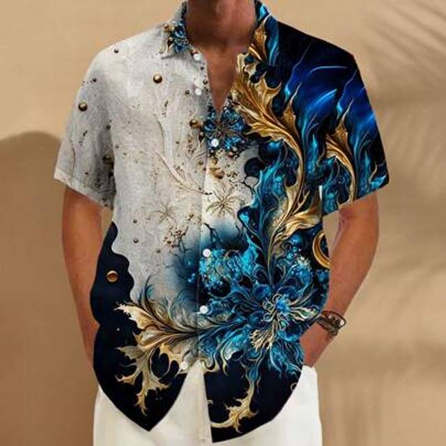 SHEIN Vintage Floral Art Colorblock Print Button-Down Short Sleeve Shirt, Plus Size Men